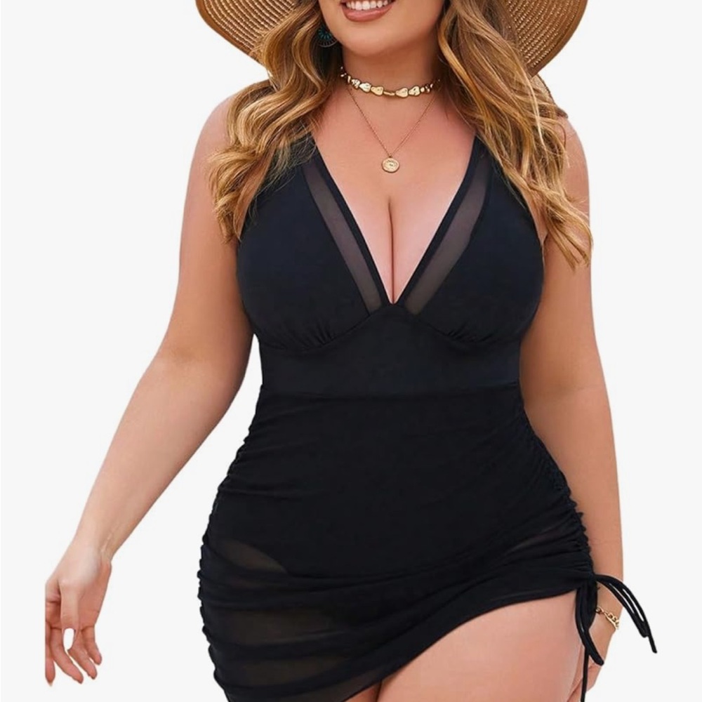 Verdusa Ruched Drawstring One Piece Swimsuit Deep V Neck bathing suit